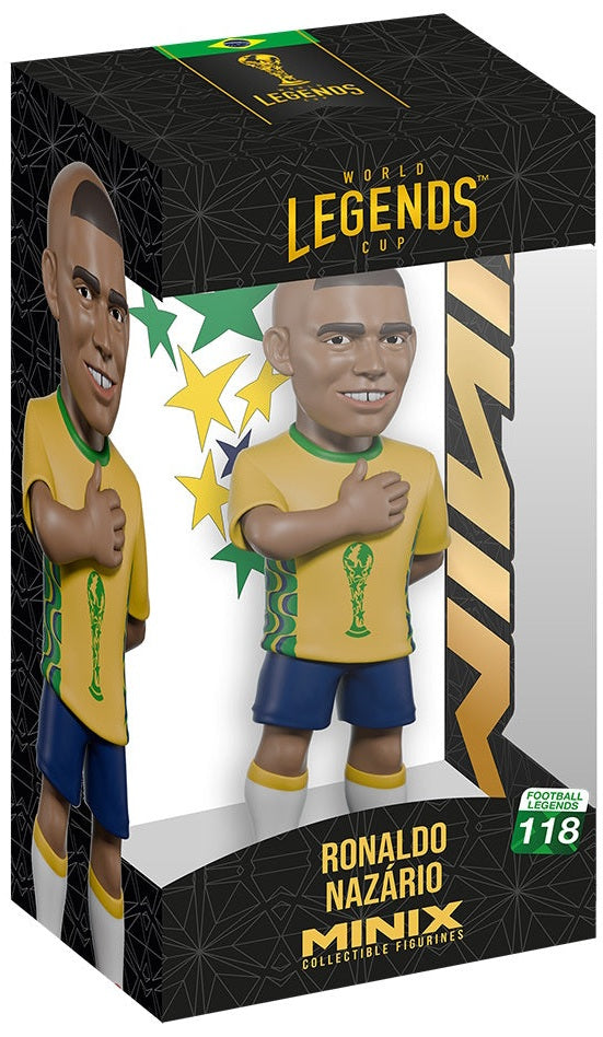 Collectible figure packaging featuring Ronaldo Nazario with World Legends Cup branding.