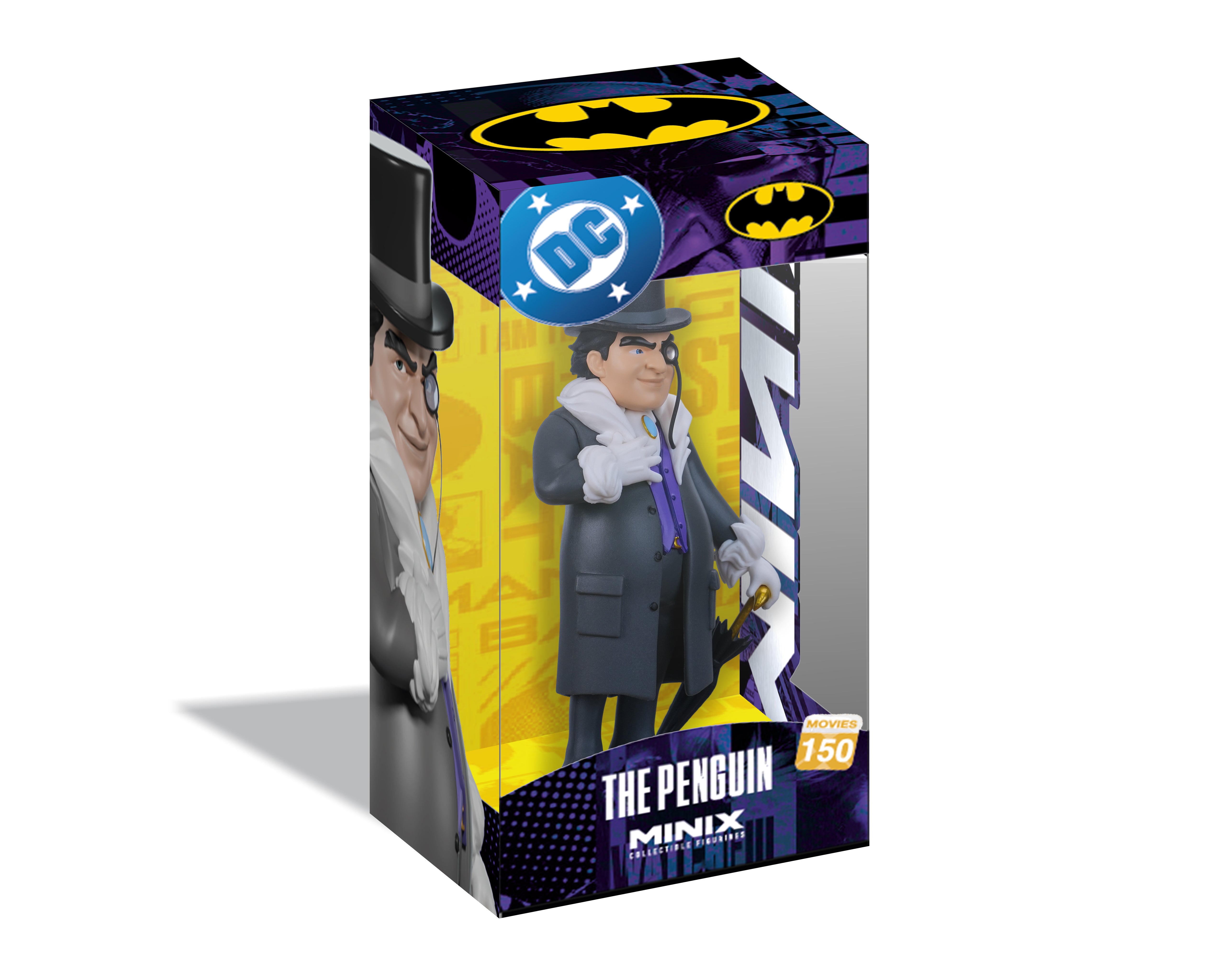 Batman Minis The Penguin collectible figure in its original packaging, featuring a detailed portrait of The Penguin in a dark coat and purple tie against a yellow and black background.