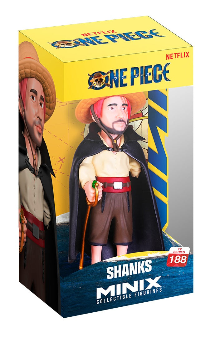 Yellow Minix branded packaging with clear window. Inside box is Shanks figure with straw hat and scar across his left eye.