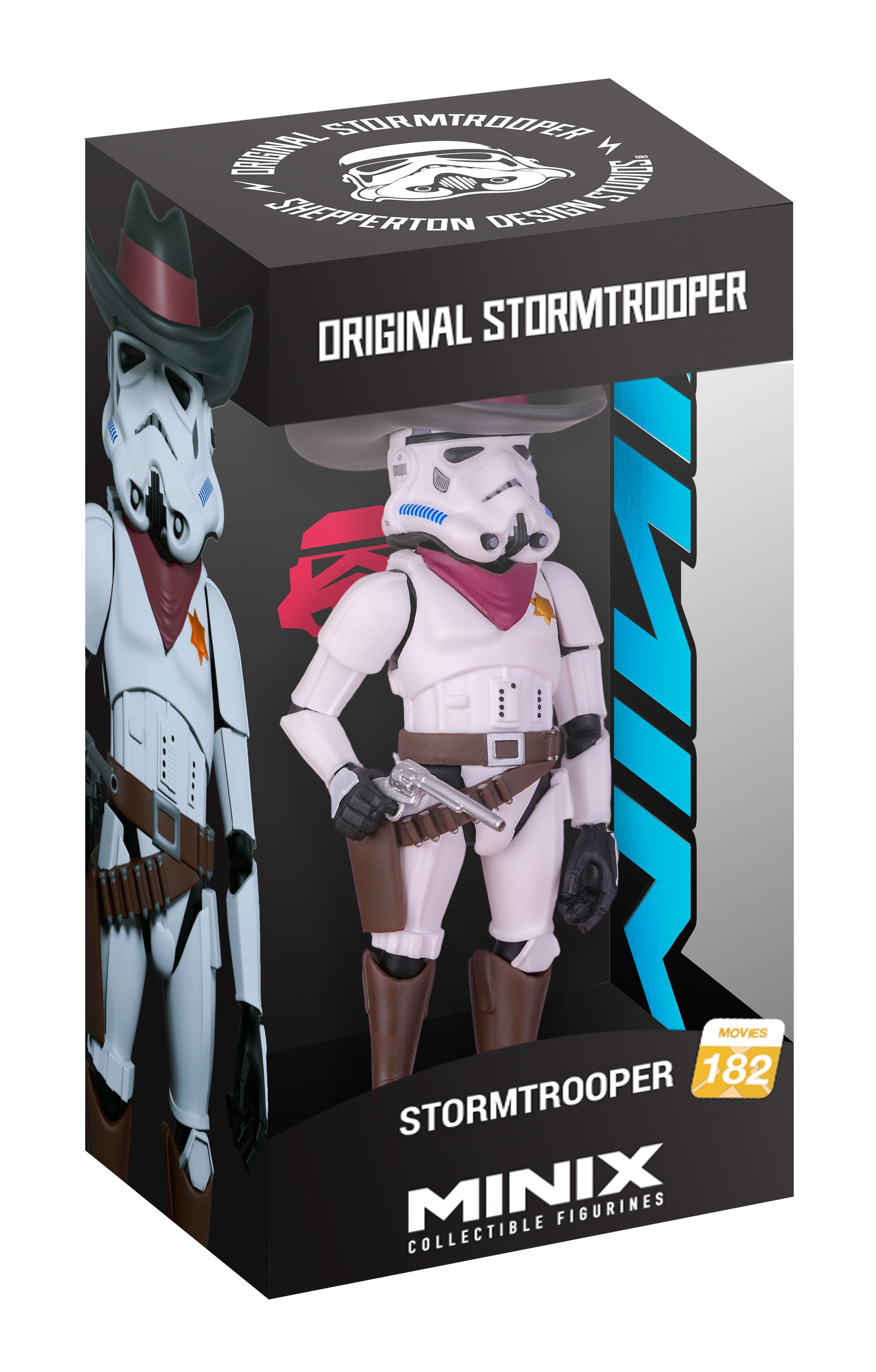 Packaged Minix Original Stormtrooper collectible figure in black retail box with printed artwork of the figure and blue side graphics.
