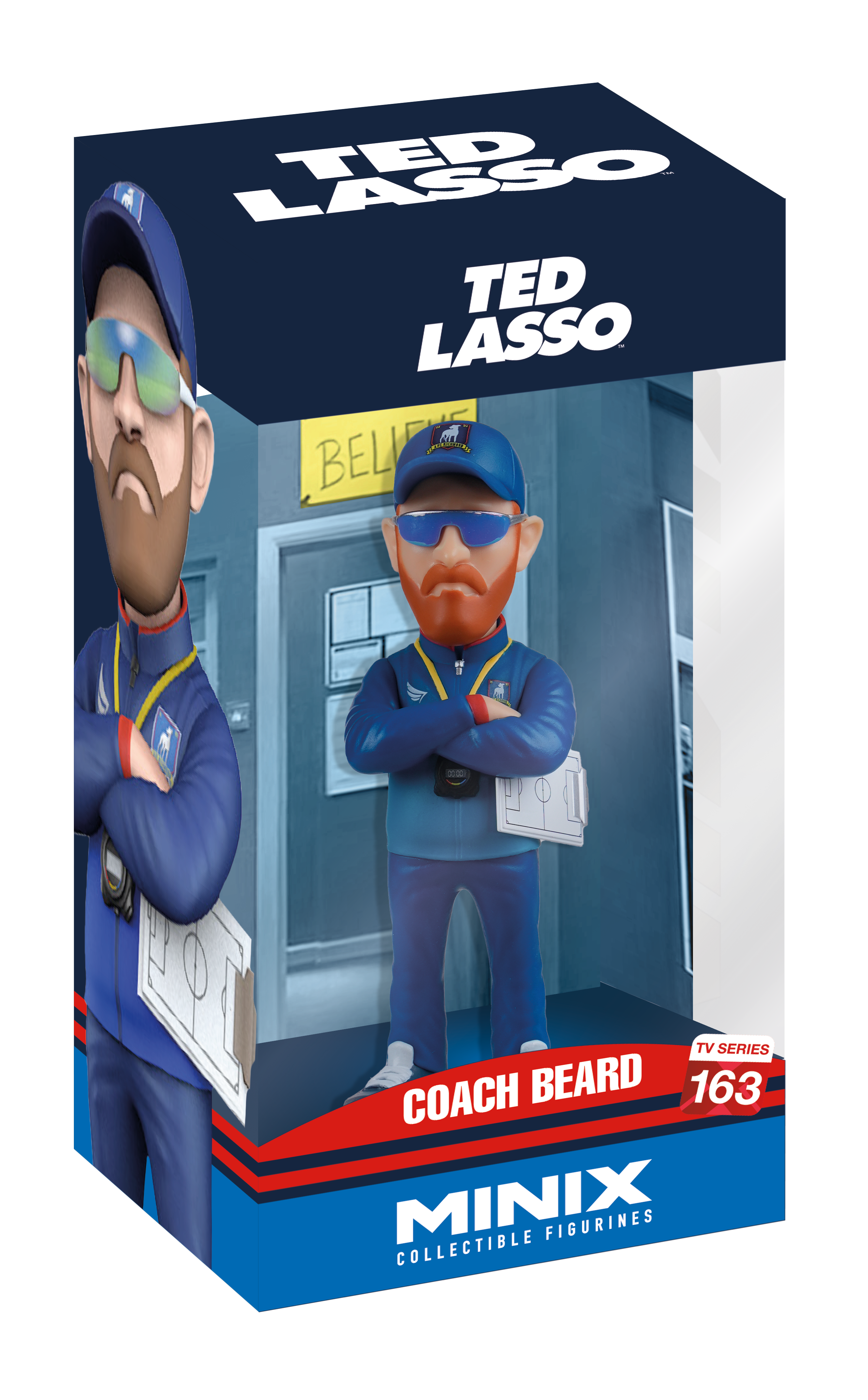 Minix branded packaging with clear window. Inside box is coach beard action figure, with blue glasses, cap and sweats. 