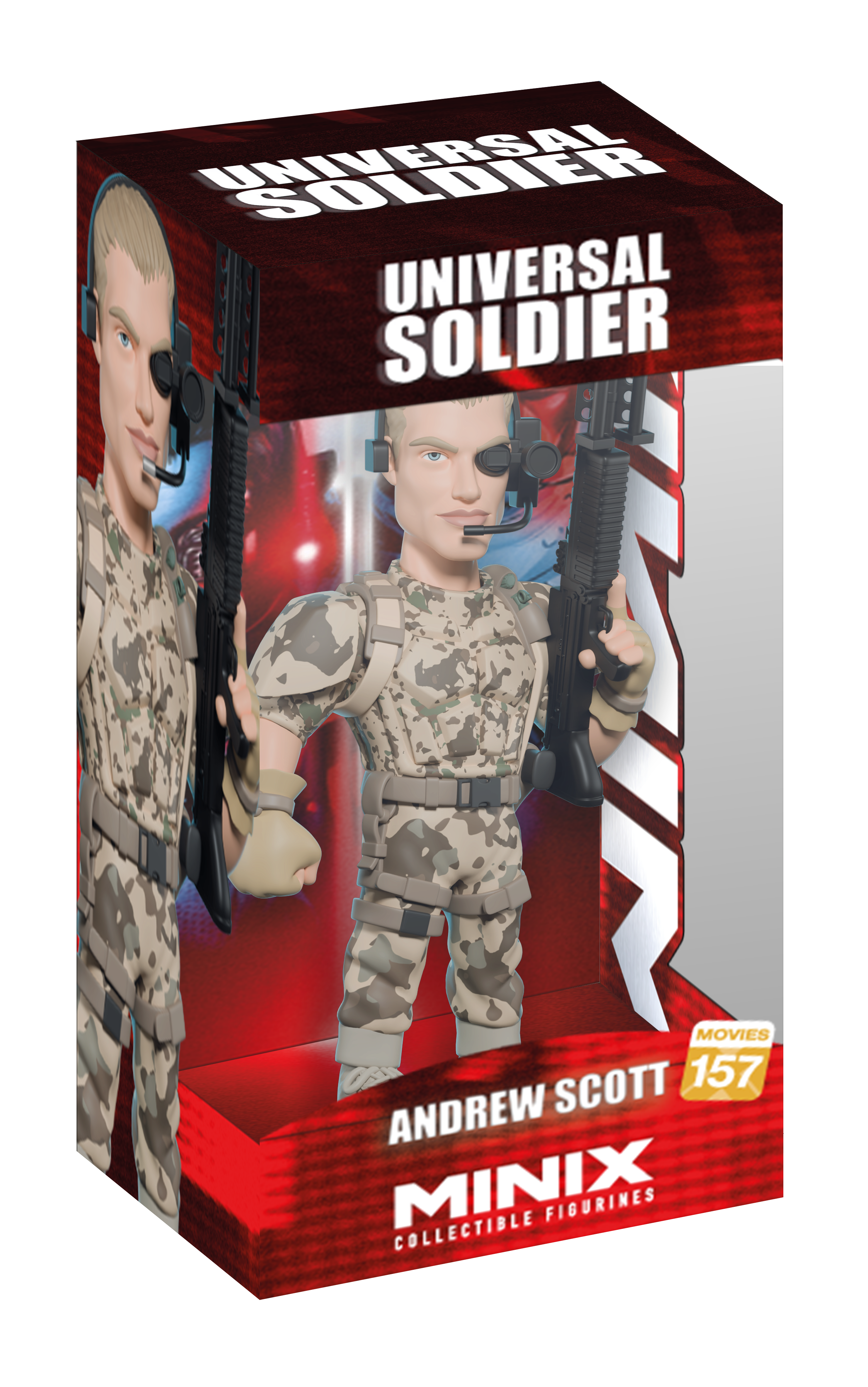 Boxed collectible figure of Universal Soldier / Andrew Scott from Minix Collectible Figures, shown in retail packaging with a clear front window displaying the figure holding a rifle.