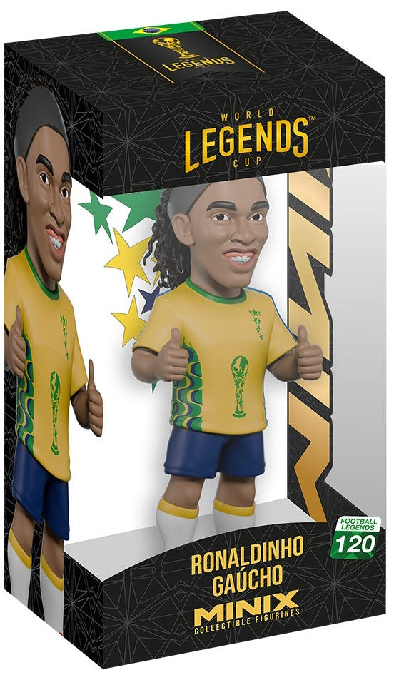 Collectible figure of Ronaldinho Gaújo in a box with 'World Legends Cup' branding.