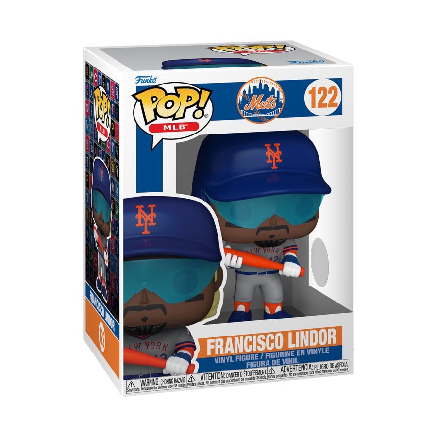 Action Figure with Orange bat, Blue cap, Shades and grey uniform. MLB: Mets – Francisco Lindor Pop! Vinyl