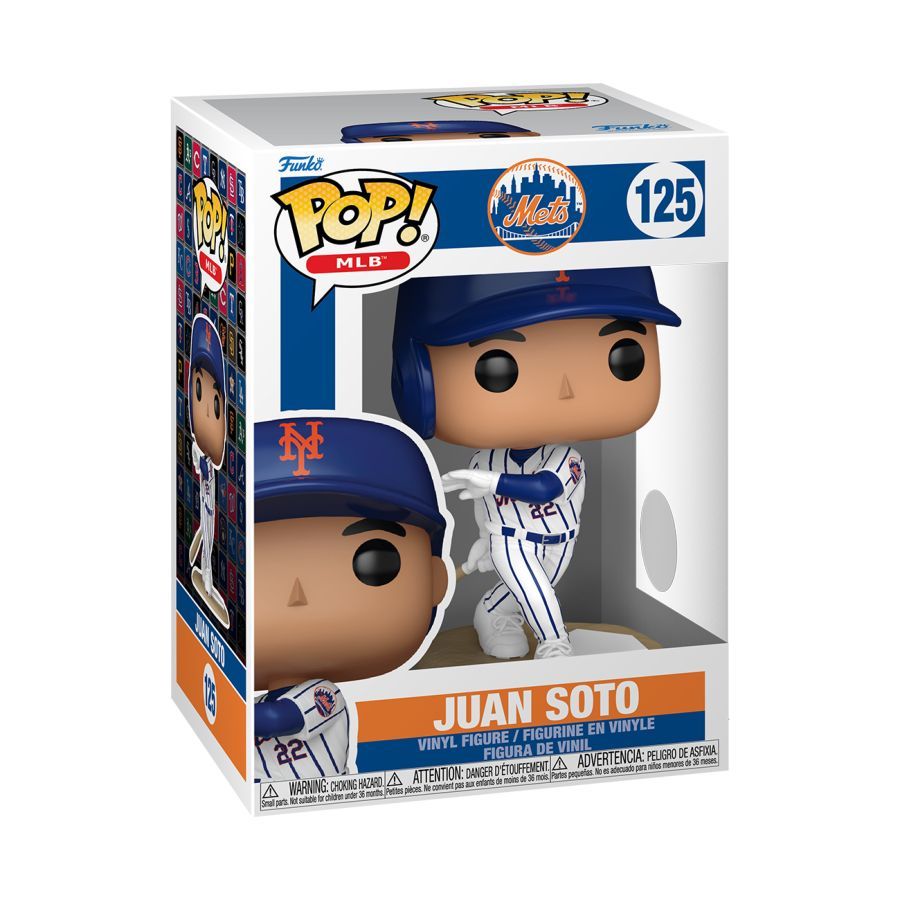 Figure in Funko Packaging with Blue cap, white and blue striped uniform and baseball bat. MLB: Mets – Juan Soto Pop! Vinyl. 