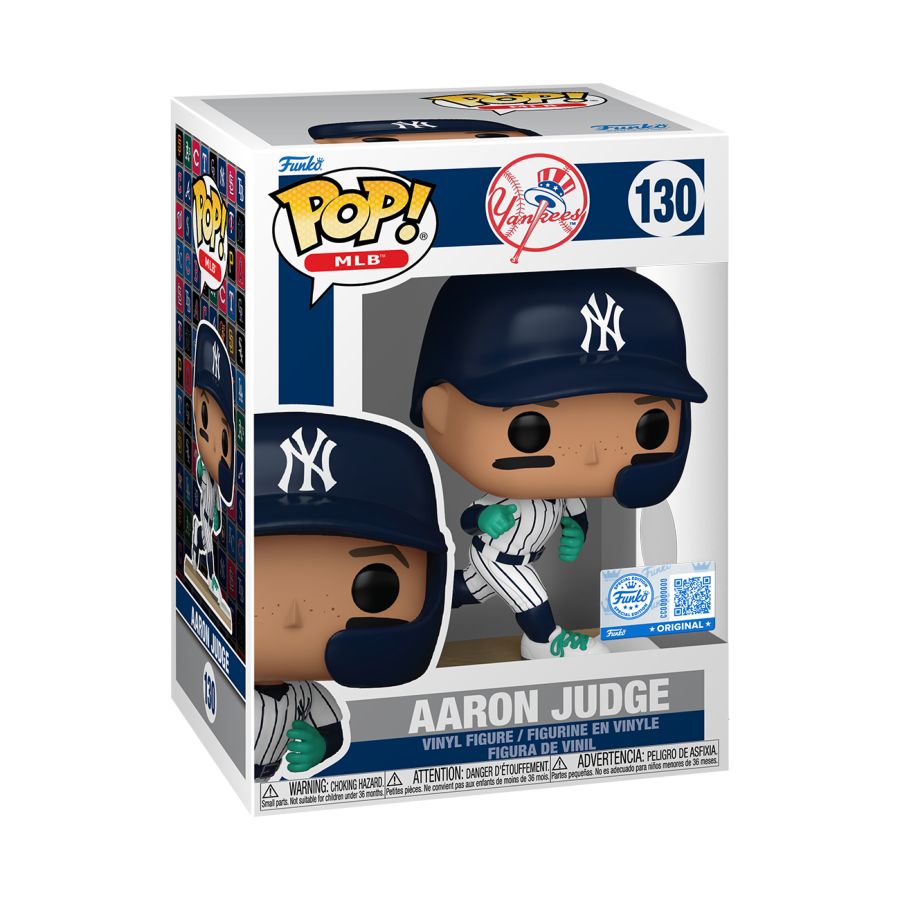 Aaron judge the baseball player Pop! Vinyl, with striped baseball gear and navy blue helmet. MLB: Yankees - Aaron Judge (Salute) Pop! Vinyl.