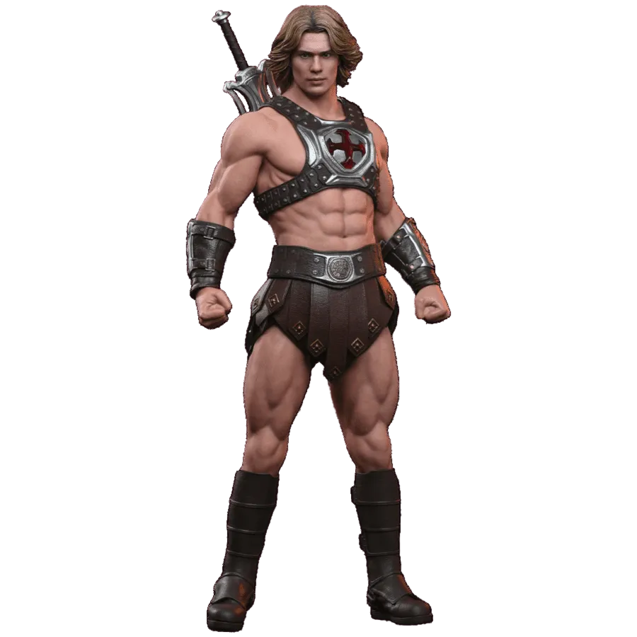 Muscular character in warrior attire with armor and a sword on a transparent background