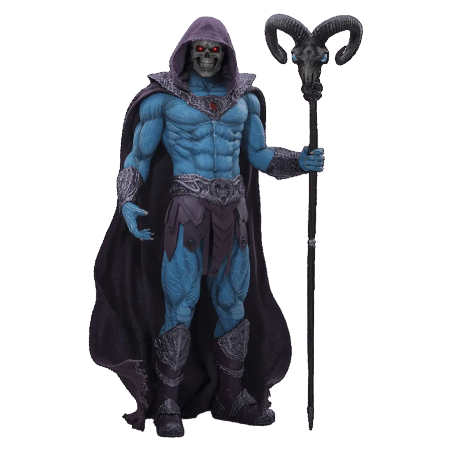 Action figure of a character with blue skin, purple hood, and staff on a transparent background