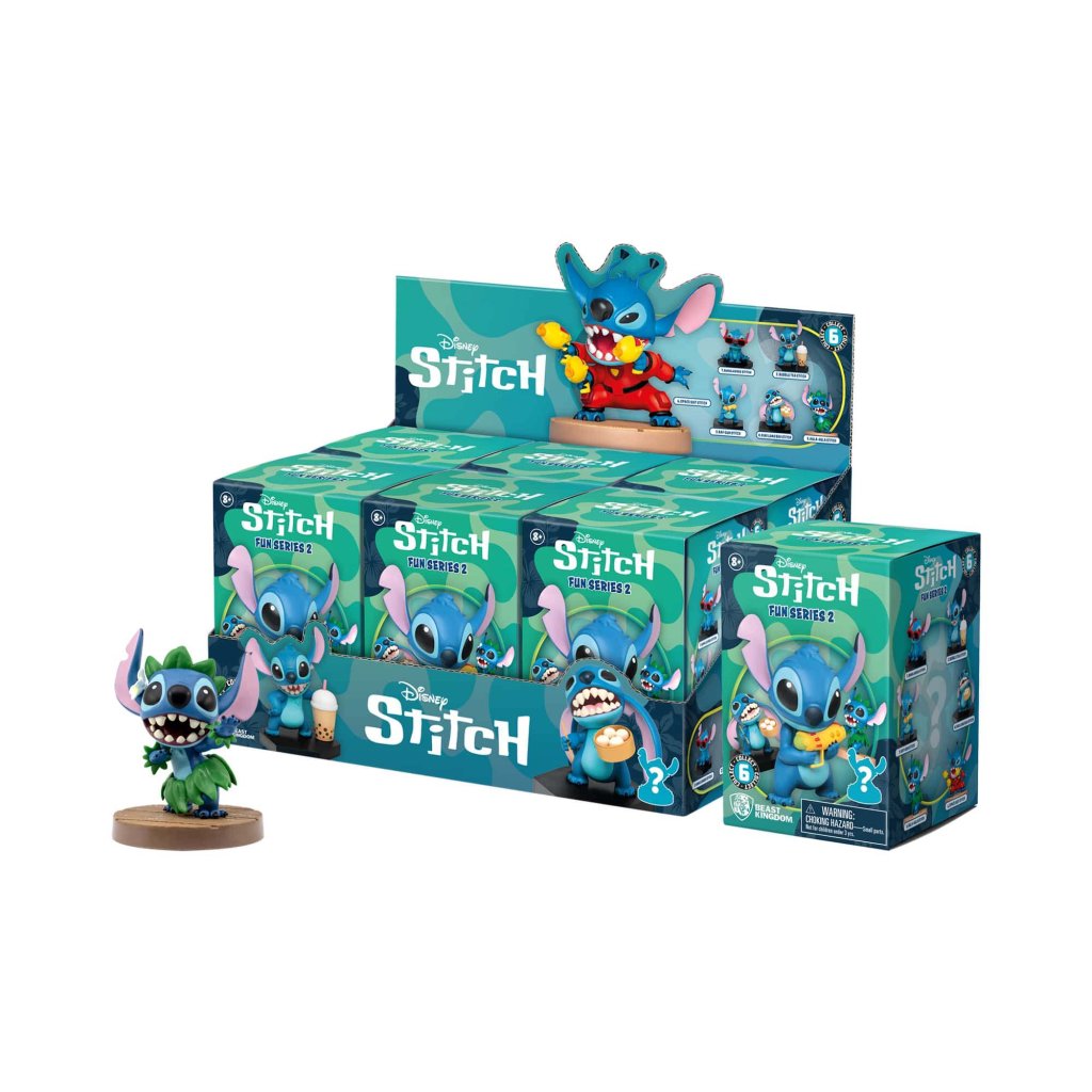 Display of Disney Stitch action figures with packaging on a white background