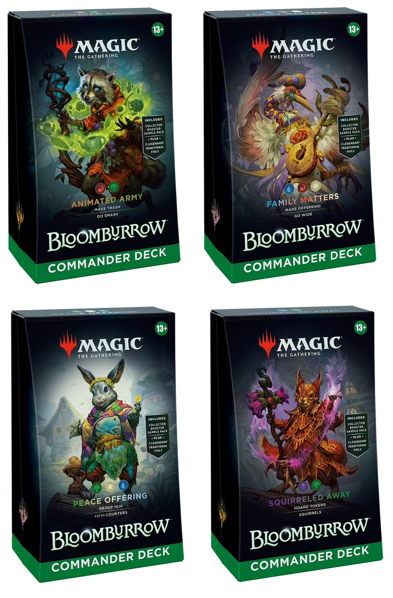 Four 'Magic: The Gathering' Bloomburrow Commander Deck boxes on a white background