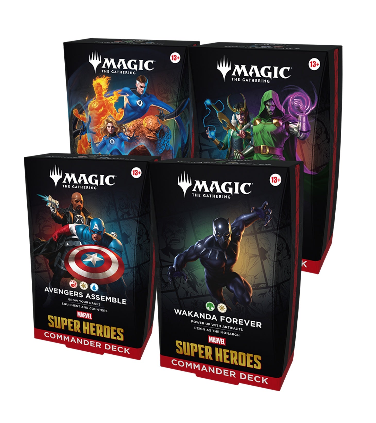 Four 'Magic: The Gathering' card decks with superhero-themed covers on a white background.