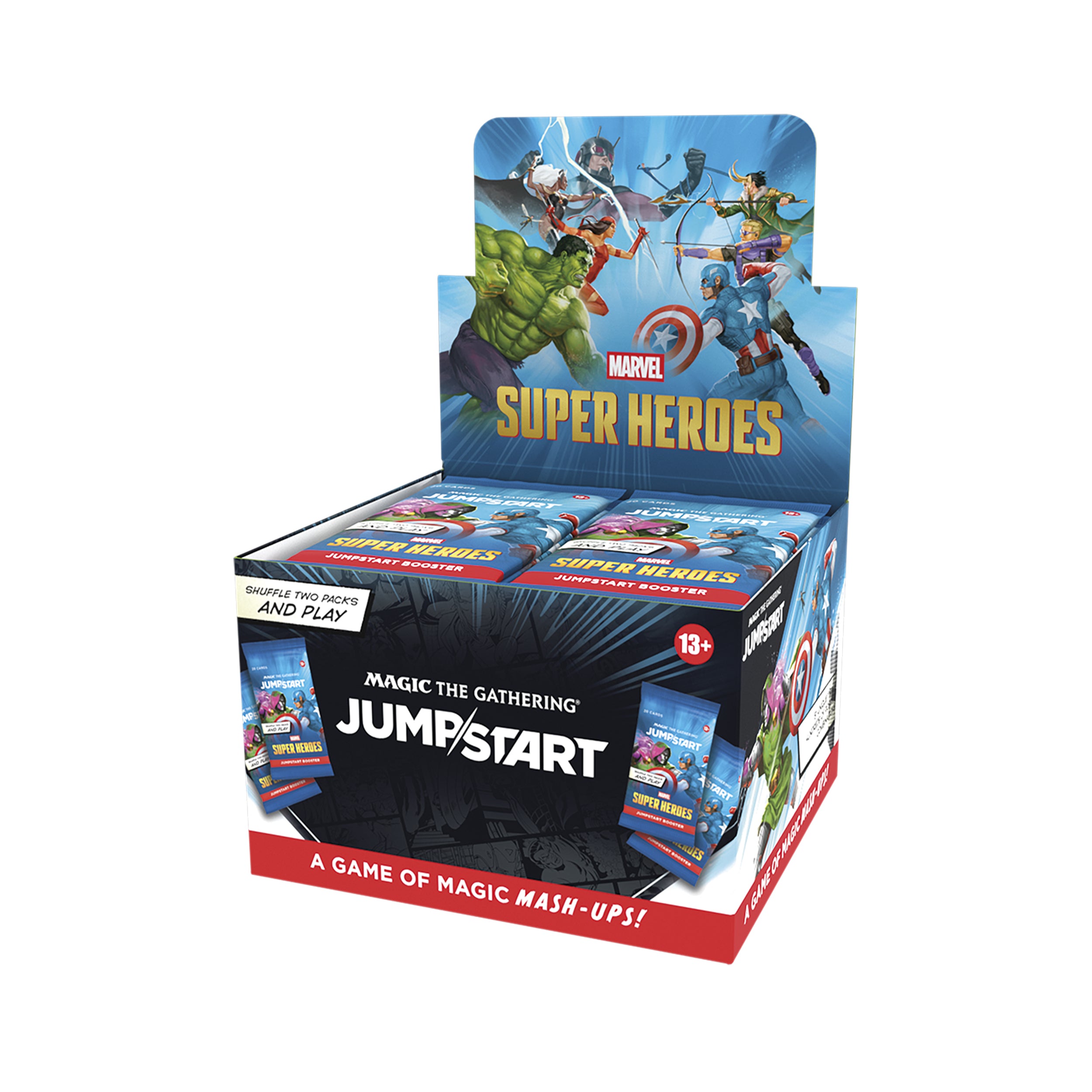 Marvel Super Heroes card game packaging with characters on a white background