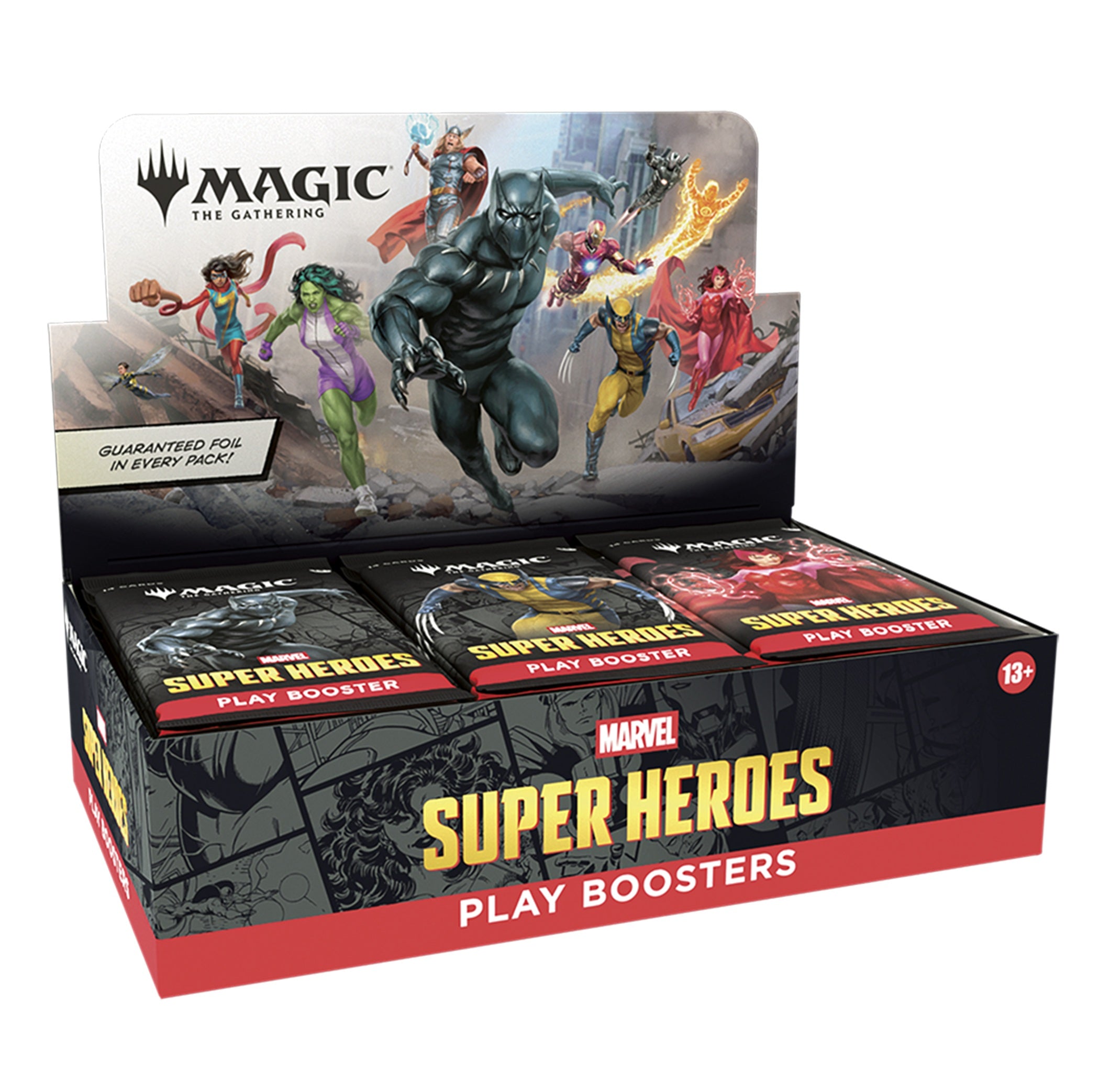Marvel Super Heroes play boosters packaging with 'Magic: The Gathering' branding.
