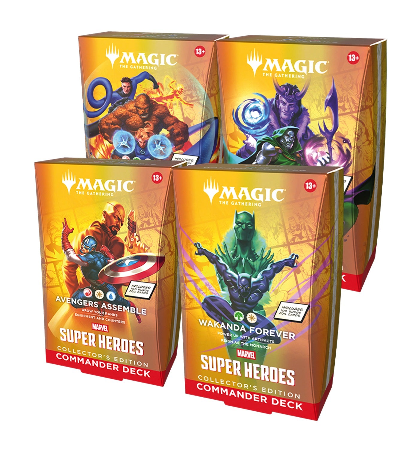 Four 'Magic: The Gathering' trading card game packs on a white background