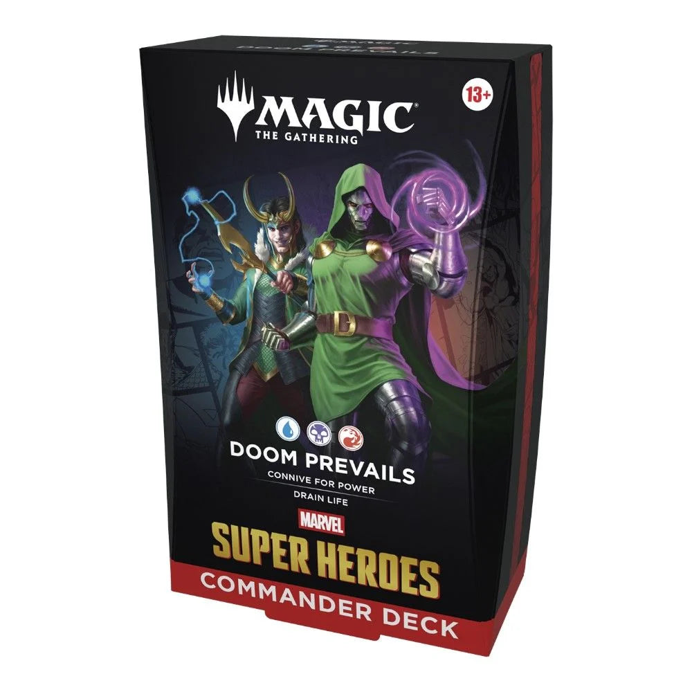 Magic: The Gathering Marvel Super Heroes Commander Deck packaging with characters and branding.