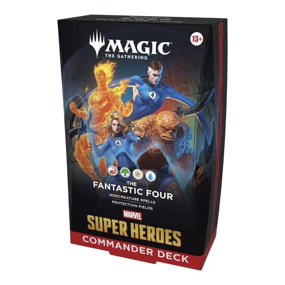 Card game box featuring 'Magic: The Gathering' and 'Marvel Super Heroes' with characters from 'The Fantastic Four'.
