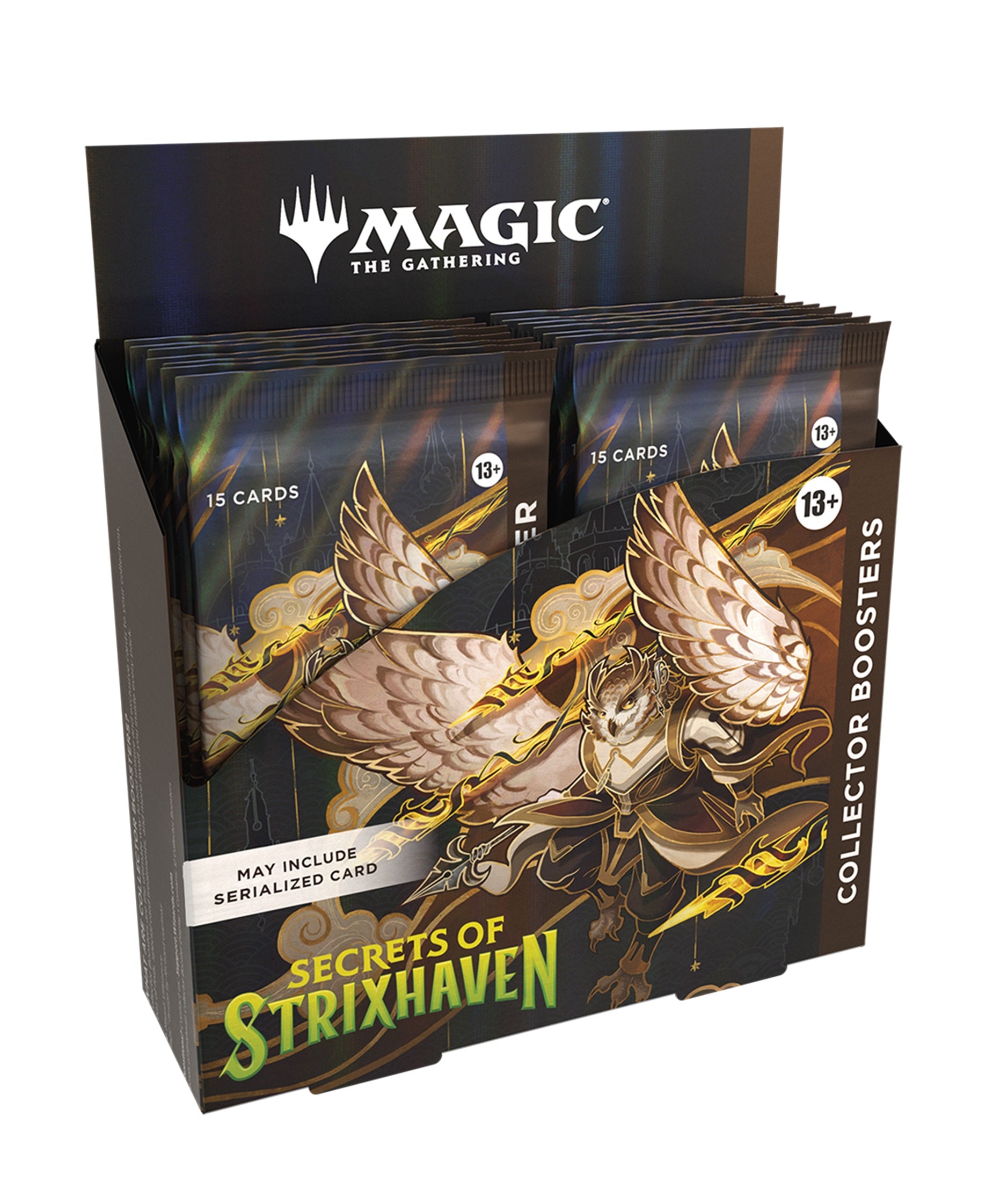Display of 'Secrets of Strixhaven' trading card booster packs with Magic: The Gathering branding.