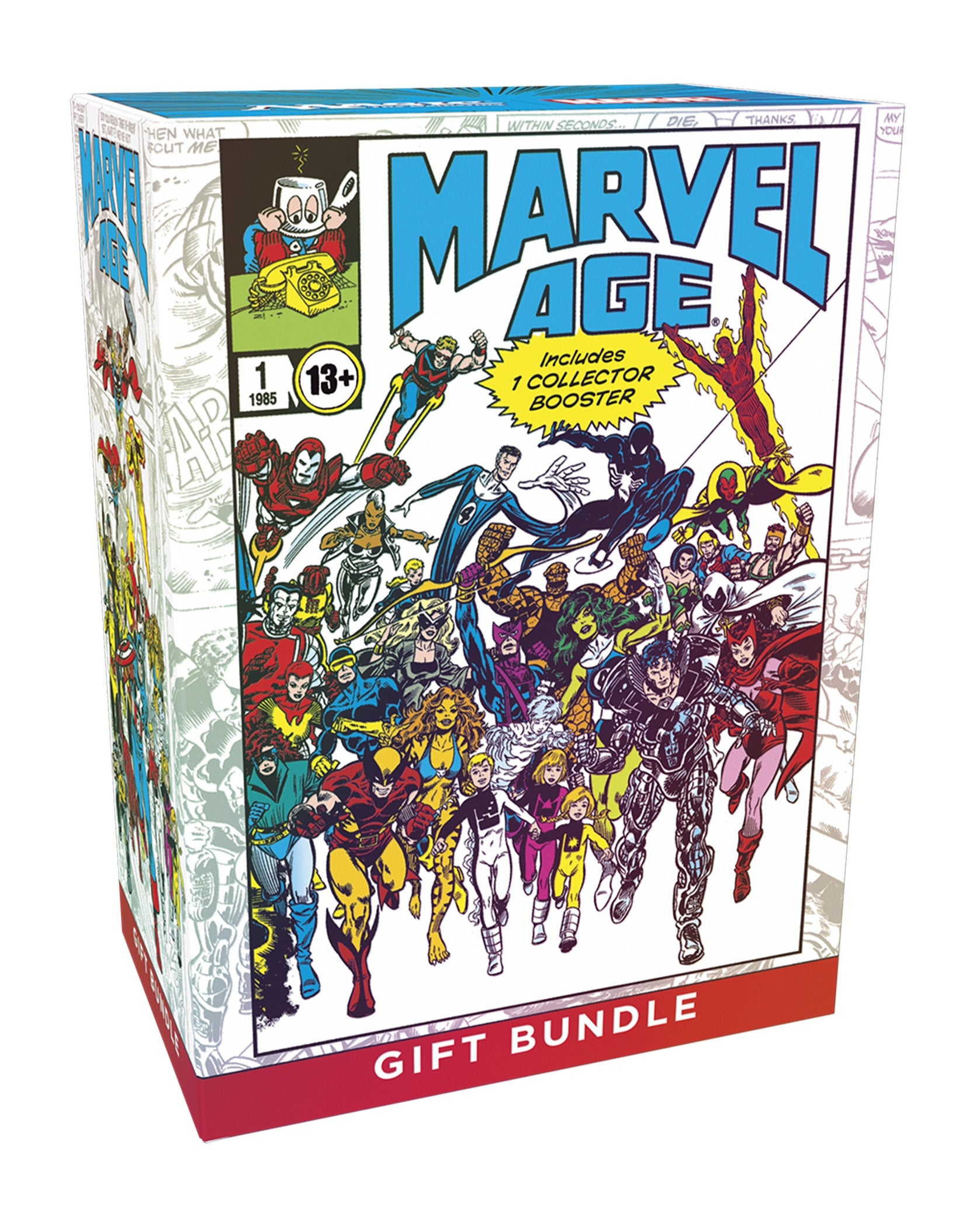 Marvel Age gift bundle packaging with superhero illustration on a white background
