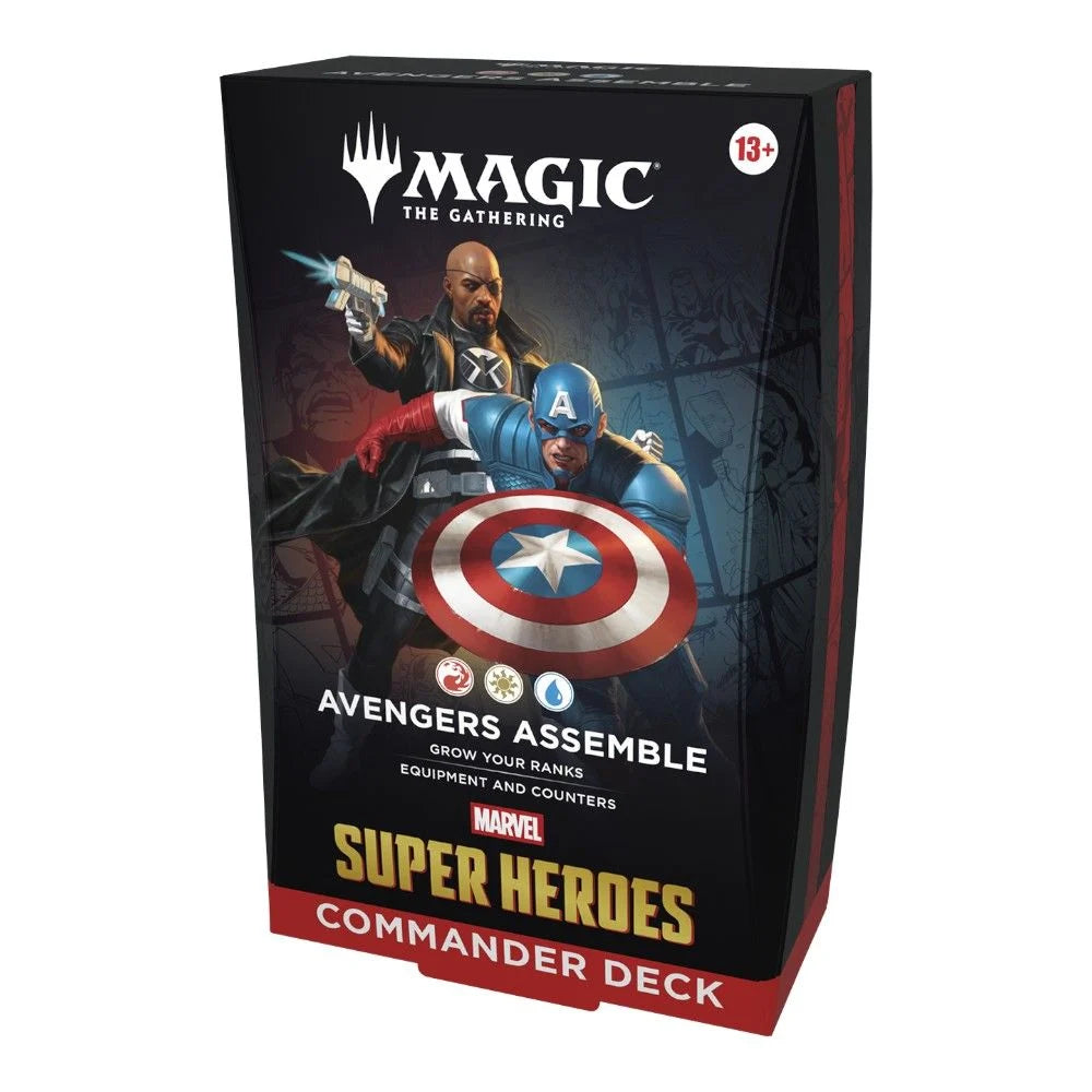 Magic: The Gathering Marvel Super Heroes Commander Deck packaging featuring Captain America and Black Panther.