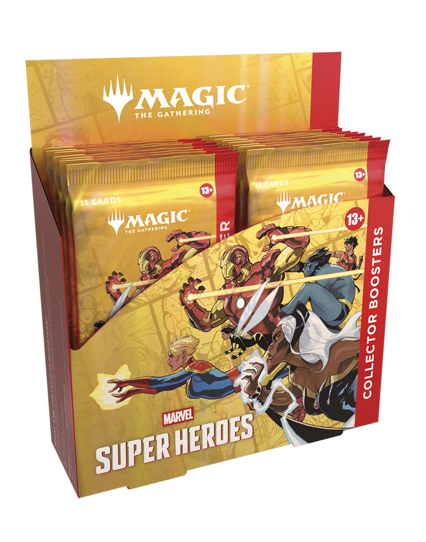 Display of 'Magic: The Gathering' Marvel Super Heroes trading card game booster packs.