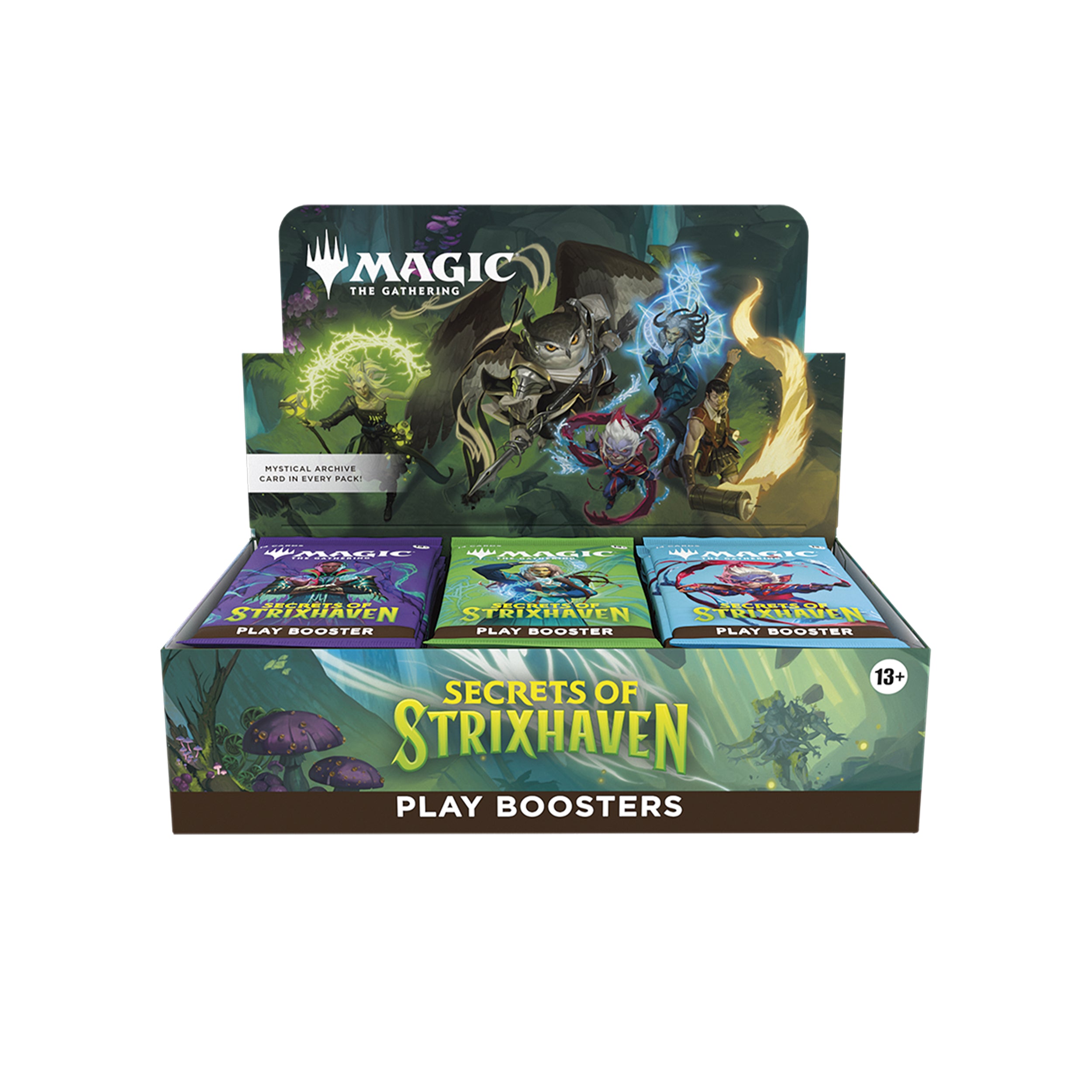Box of 'Secrets of Strixhaven' play boosters from Magic: The Gathering on a white background