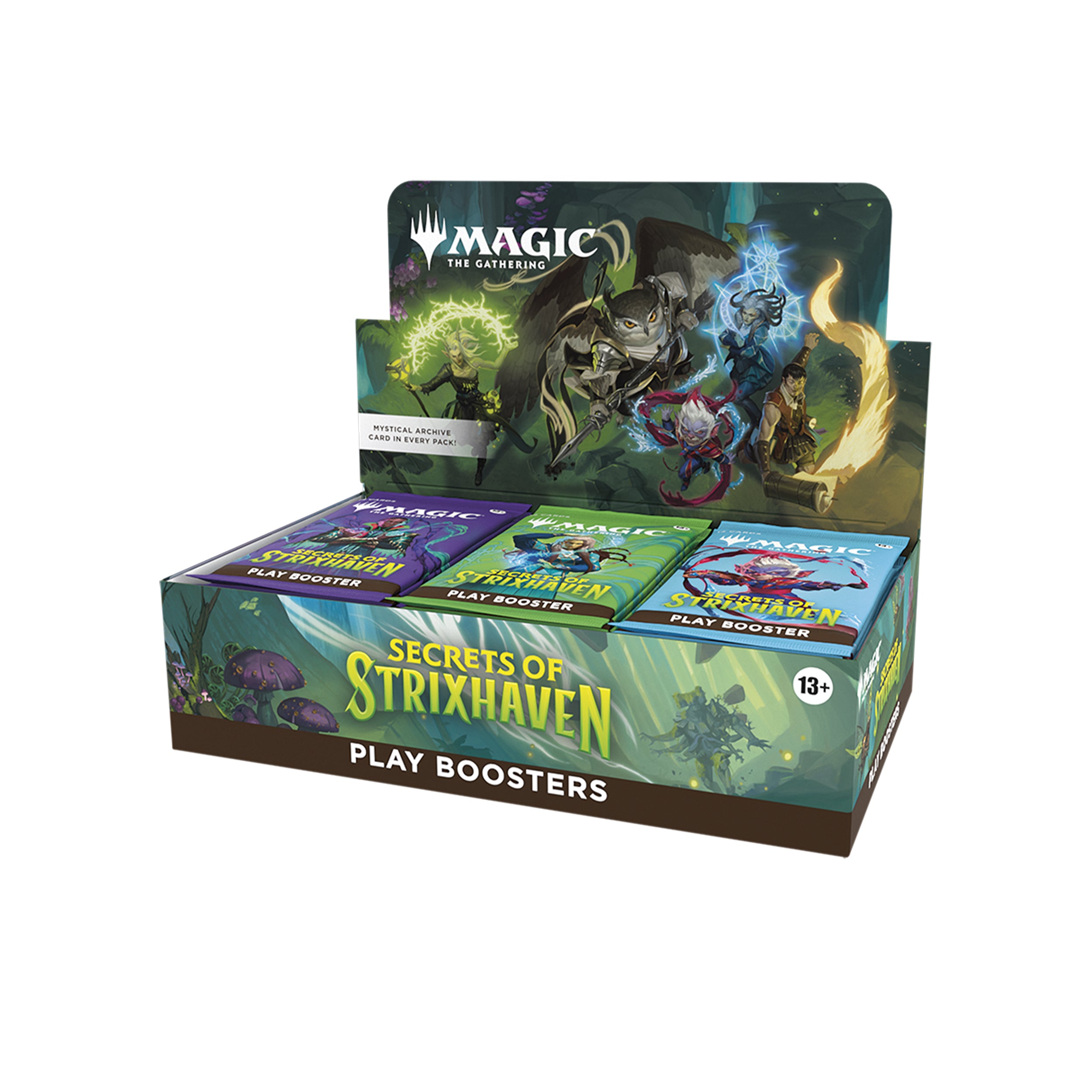 Display box of 'Secrets of Strixhaven' play boosters for 'Magic: The Gathering' on a white background.