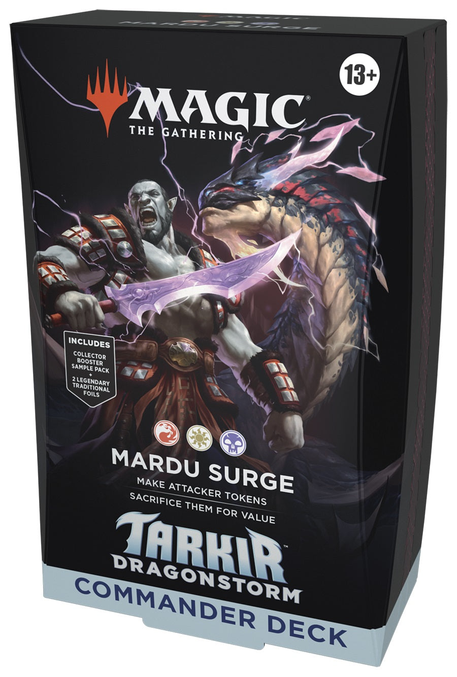 MAGIC THE GATHERING Tarkir Dragonstorm Commander Deck packaging with characters and dragon illustration. Magic the Gathering Tarkir Dragonstorm Commander Deck - Mardu Surge.