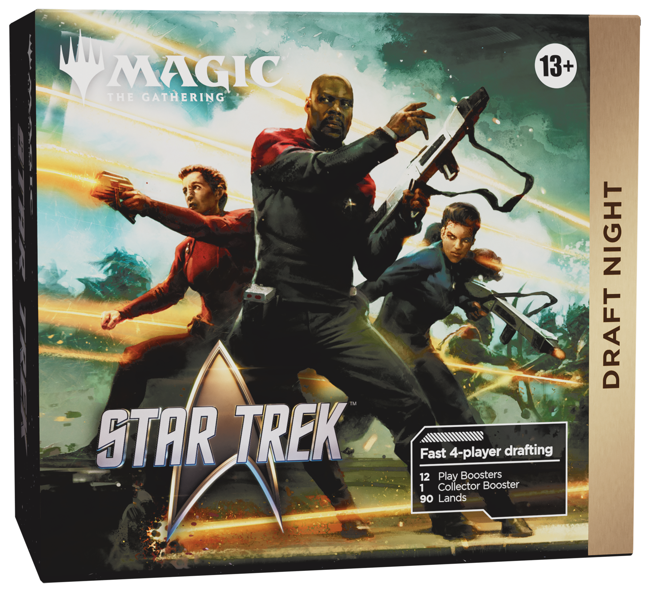 Magic: The Gathering Star Trek Draft Night card box, featuring artwork of Captain Kirk, Captain Singh, and Captain Pike in Star Trek uniforms with energy beams, on a white background.