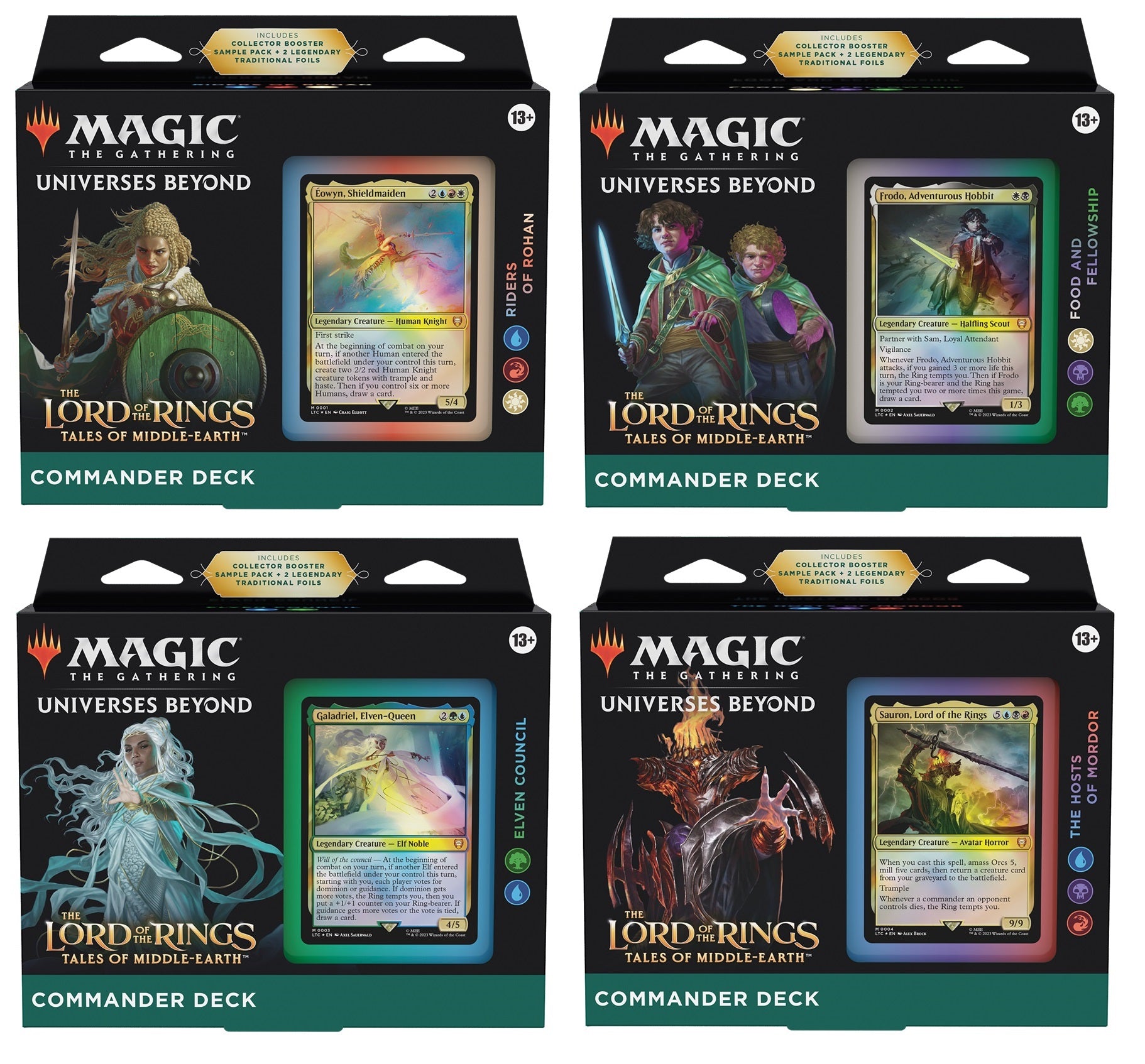 Four packs of 'Magic: The Gathering' Lord of the Rings theme decks on a white background.