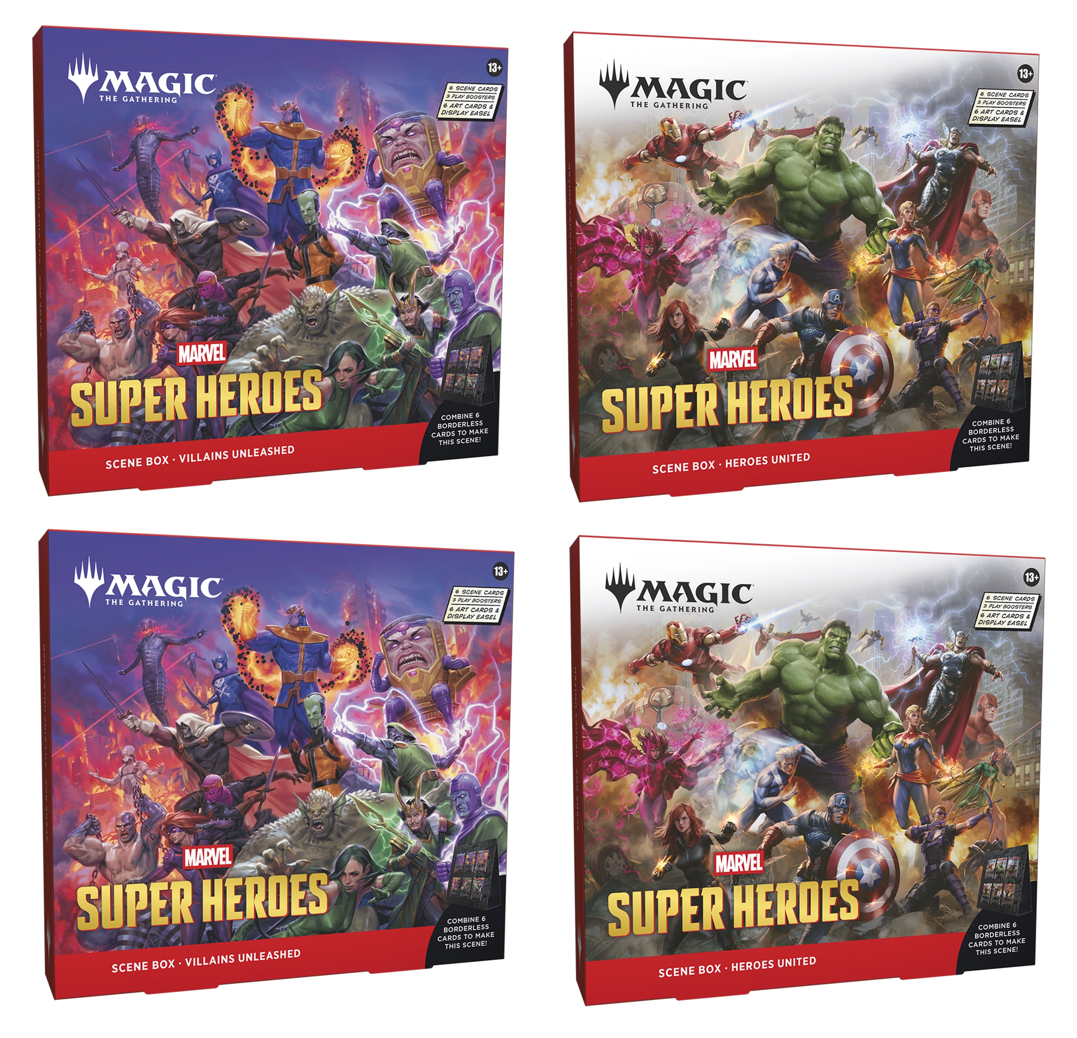 Four boxes of Marvel Super Heroes Magic game sets on a white background