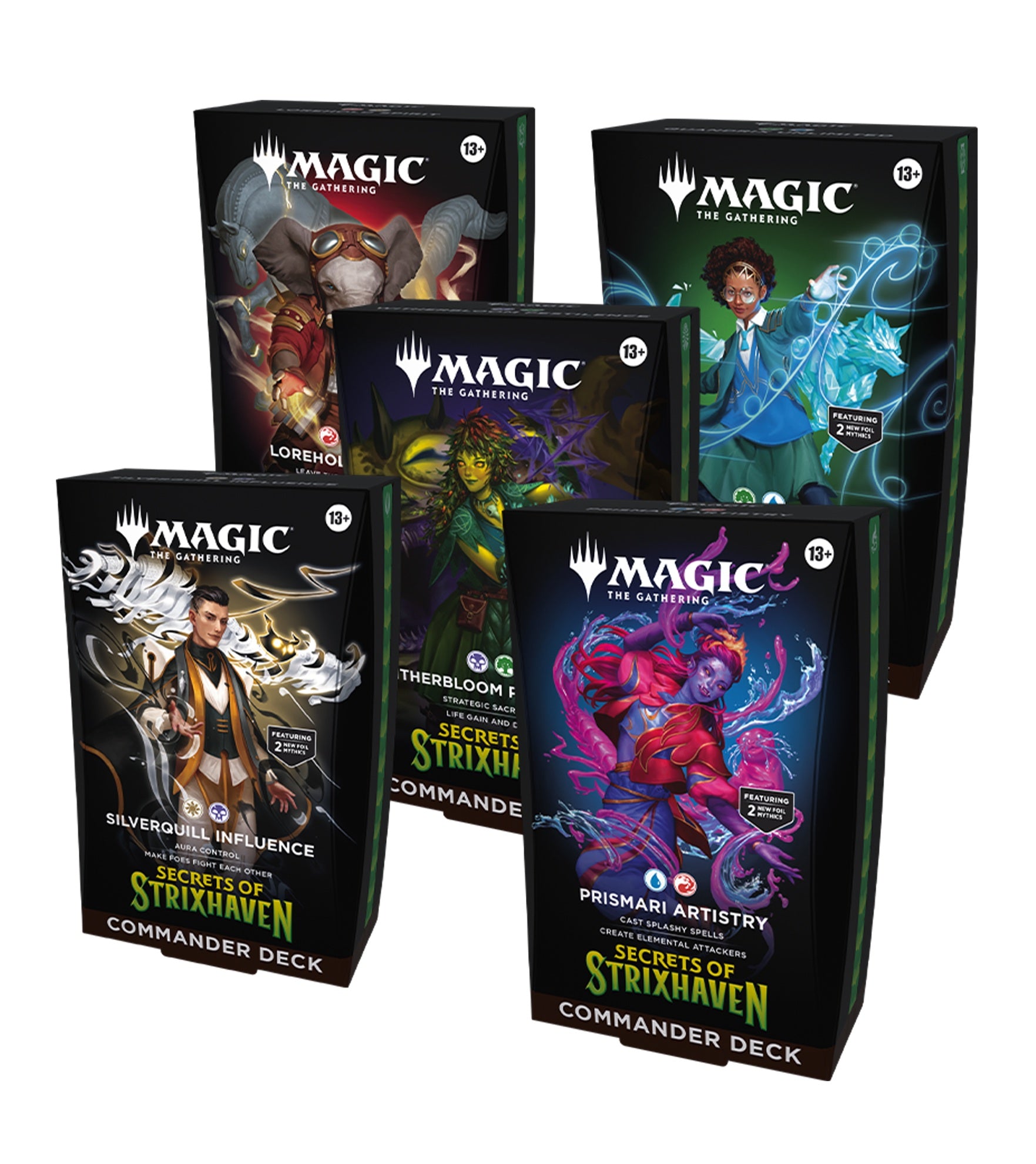 Collection of 'Magic: The Gathering' card game decks on a white background