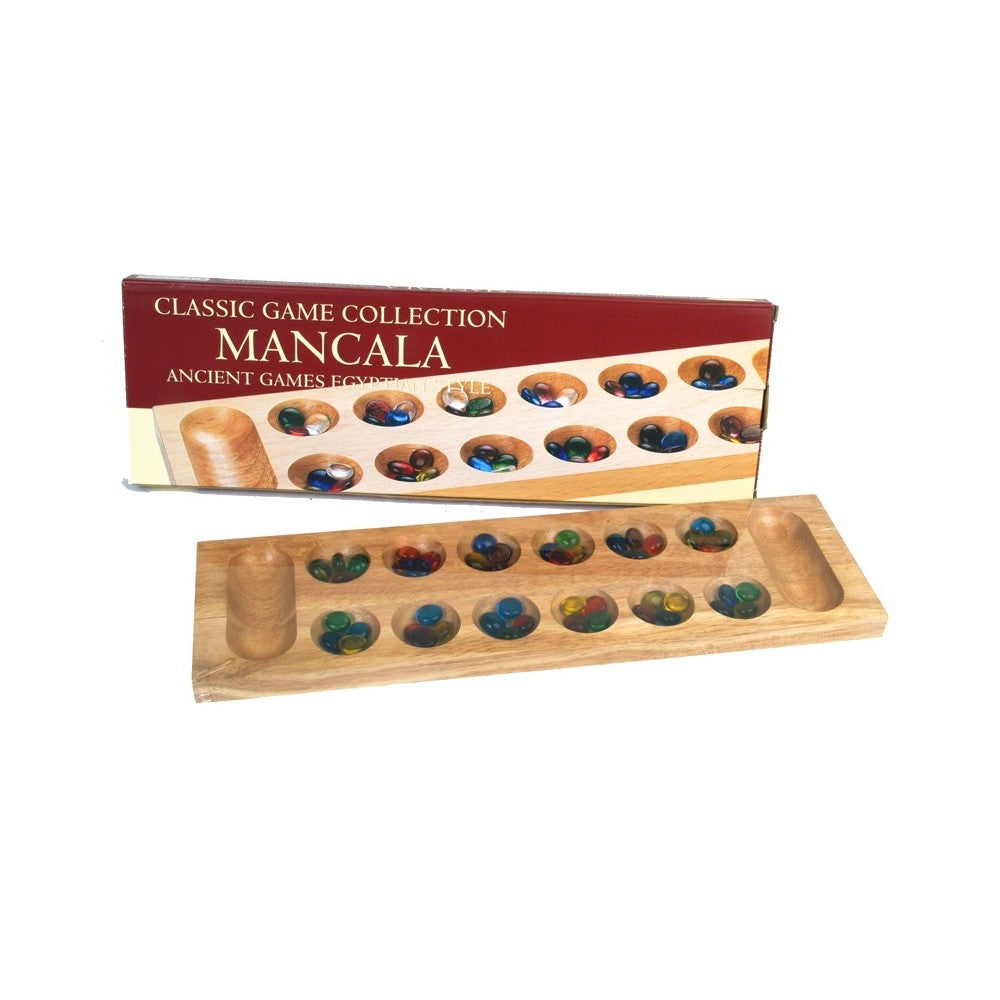 Wooden Mancala game set with packaging on a white background