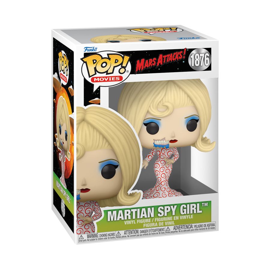 The Martian spy girl character from Mars Attacks! She features a white dress with red swirls, in Funko branded packaging. Mars Attacks - Martian Spy Girl Pop! Vinyl.