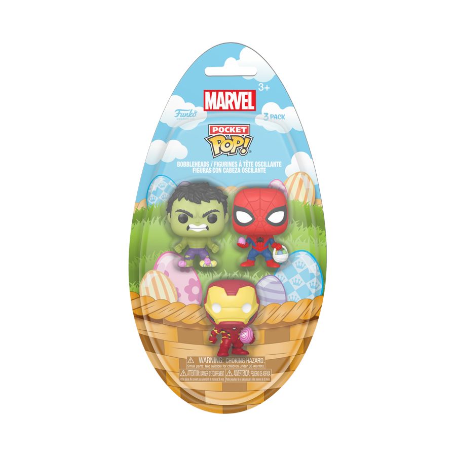Marvel Pocket Pop! figures in Easter basket packaging with a white background.