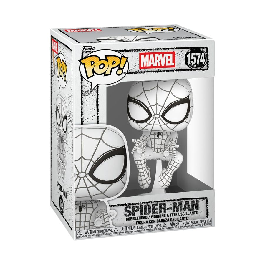 Marvels Spider-Man in a black and white sketch format, action figure. 