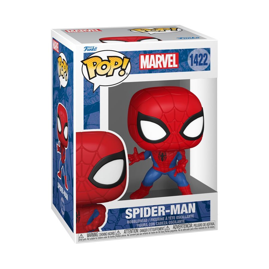 Funko branded packaging, with clear window. Inside box is traditional red and blue Spiderman suit spidey figure.