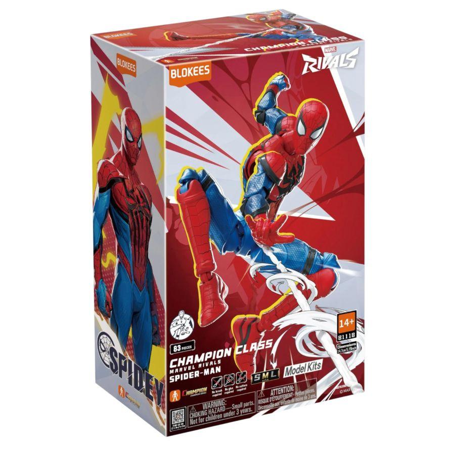 Blokees box cover with Spider-Man, in web slinging position. Marvel Rivals – Champion Class 06 Spiderman Model Kit.