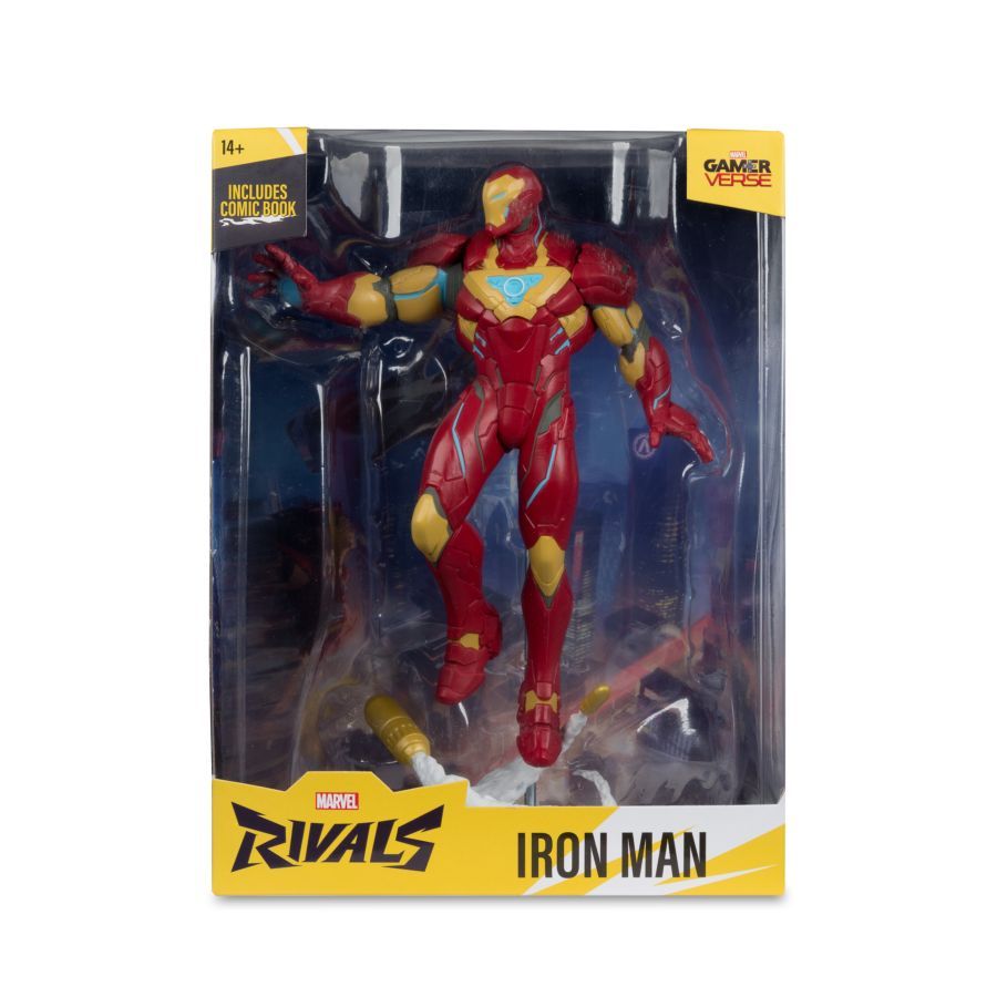 Yellow Marvel Rivals branded packaging with clear window. Inside the box is red and yellow/gold iron man suit with city background and comic.