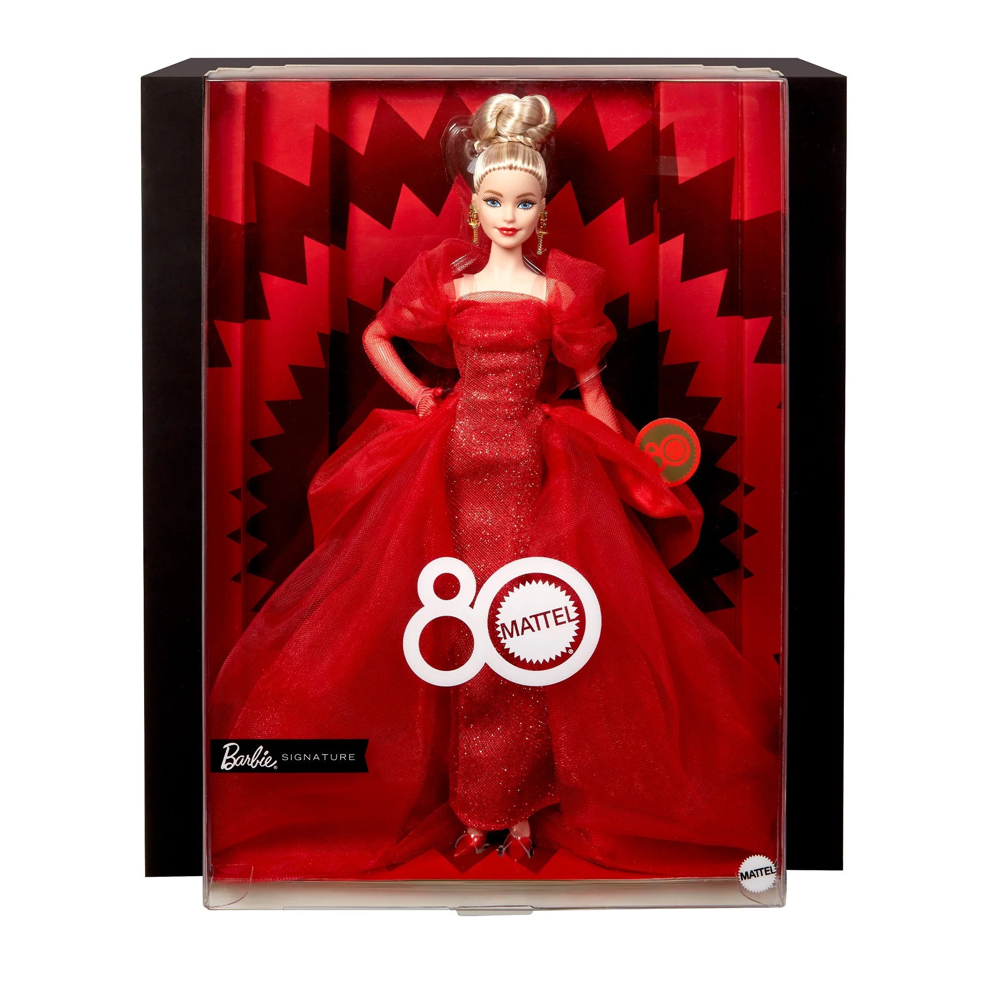 Barbie doll in a red dress with 'Mattel' logo in a clear box