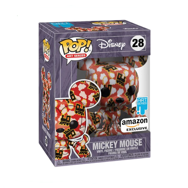 Funko branded packaging with clear window. Mickey Mouse action figure is inside with steam train pattern all over. 