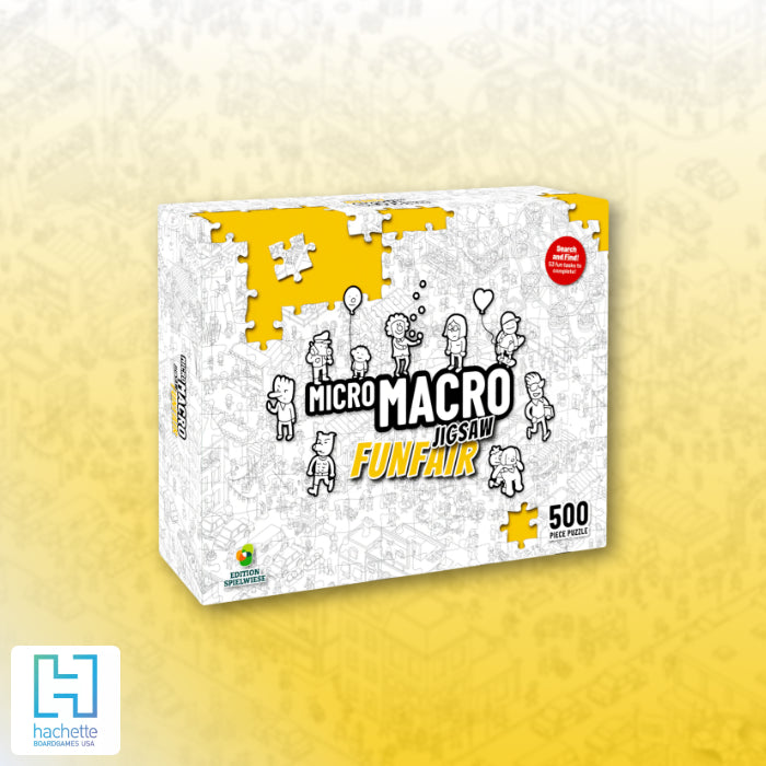 Jigsaw puzzle box with 'Micro Macro Funfair' branding on a gradient background