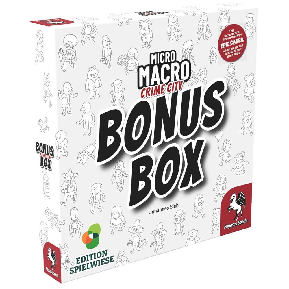 Board game box for 'Micro Macro Crime City Bonus Box' with character illustrations on a white background.