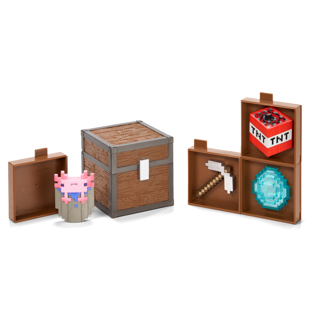 Image shows, Brown Minecraft chest, Axolotl in bucket, TNT, pickaxe and plastic diamond on a white background. 