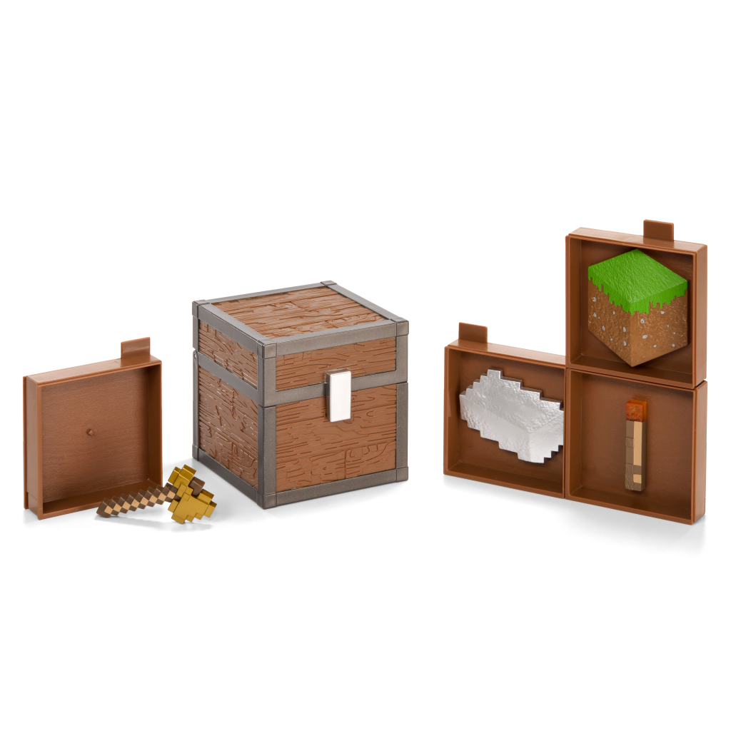 Image shows, Brown Minecraft chest, pixelated axe, plastic torch and plastic iron ingot. 
