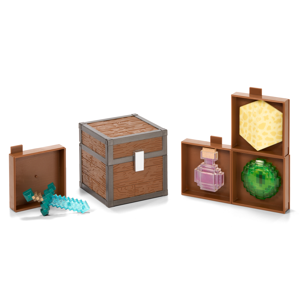 Image shows, Brown Minecraft chest, Plastic potion bottle, ender pearl, Plastic diamond and 2D sand block.