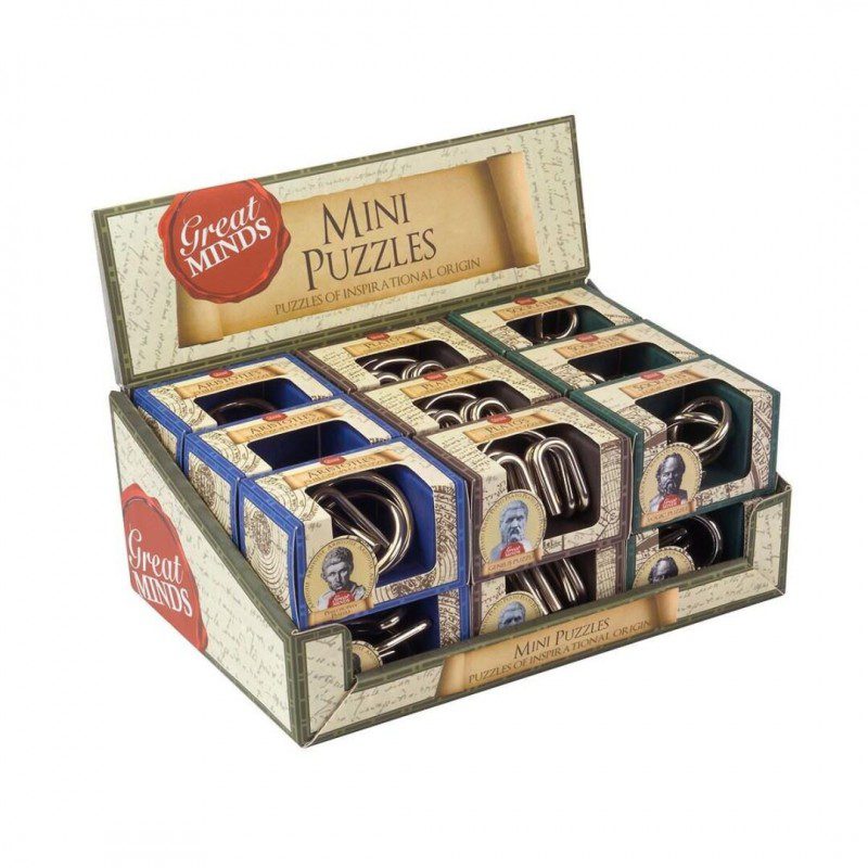 Display of 'Great Minds Mini Puzzles' packaging on a white background
