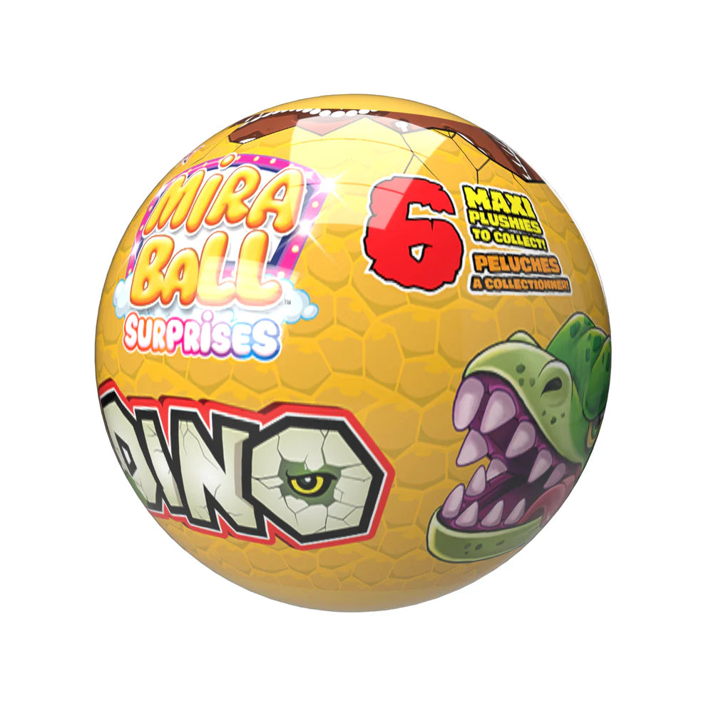 Yellow ball with cartoon dinosaur design and text about plushies on a white background
