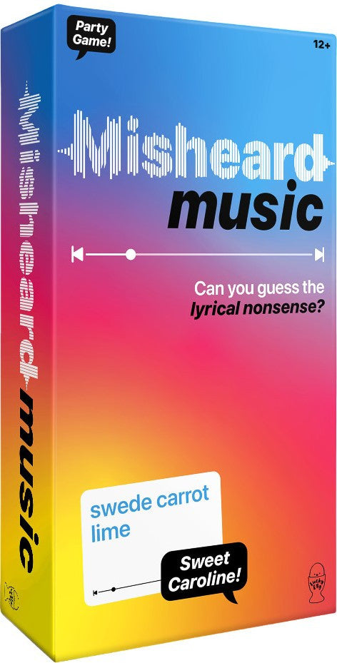 Box of 'Misheard Music' game with colorful gradient design and text.