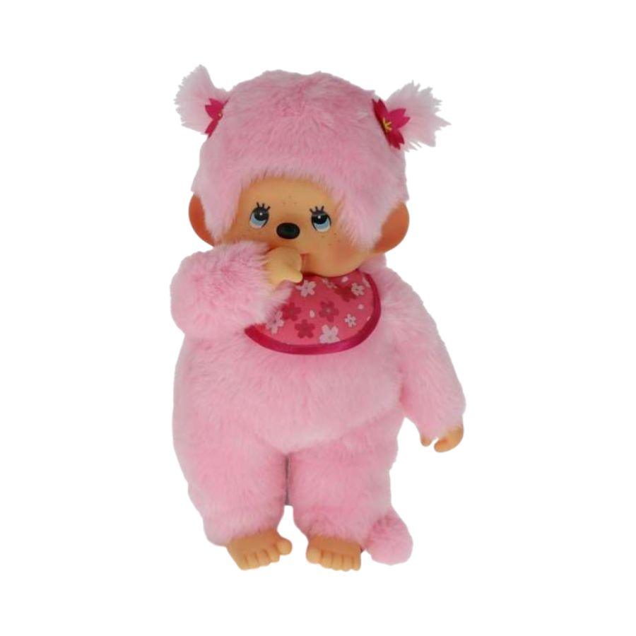 Light pink coloured fluffy doll, with human/ mouse like doll face, on a white background.