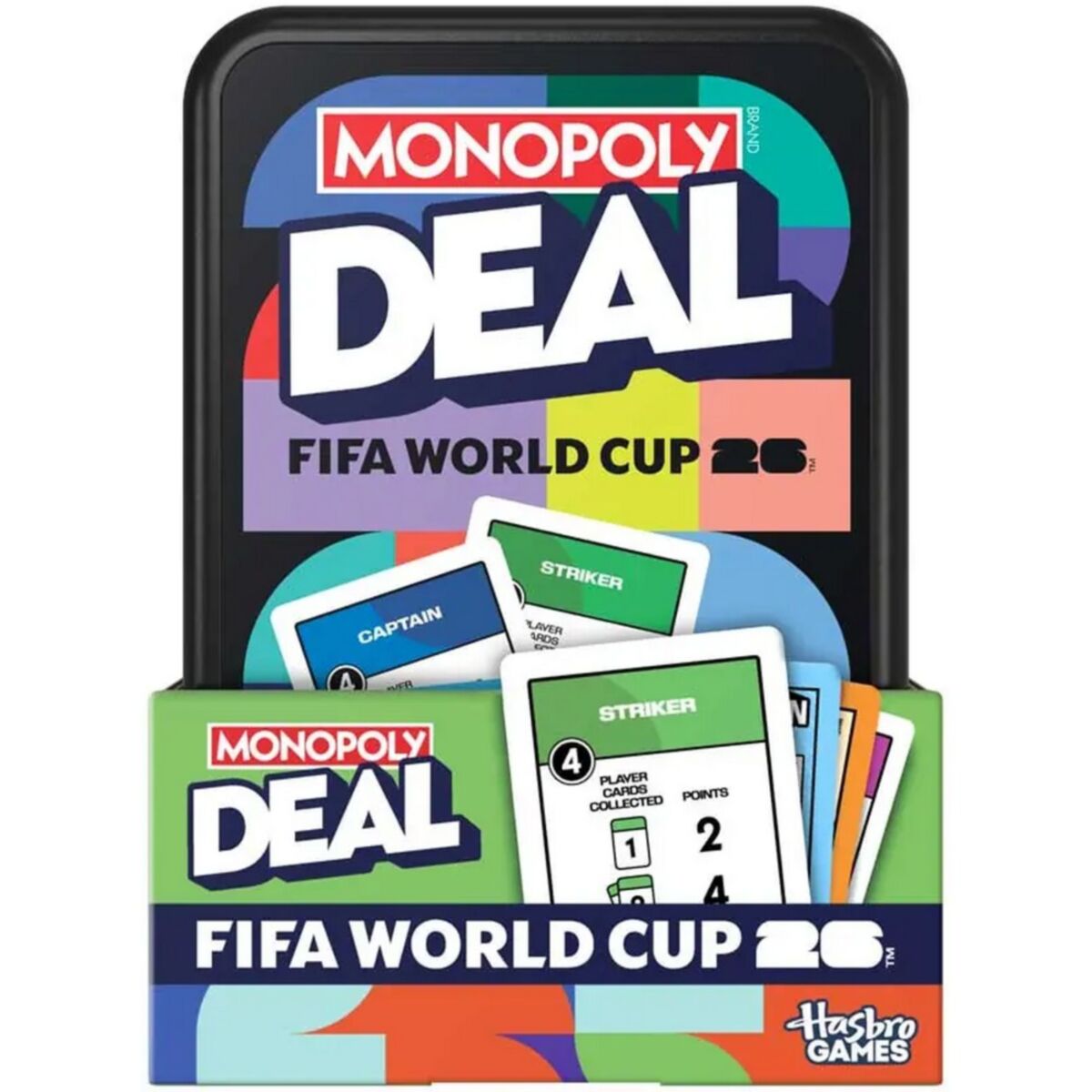 Monopoly Deal FIFA World Cup 2026 card game packaging with cards displayed